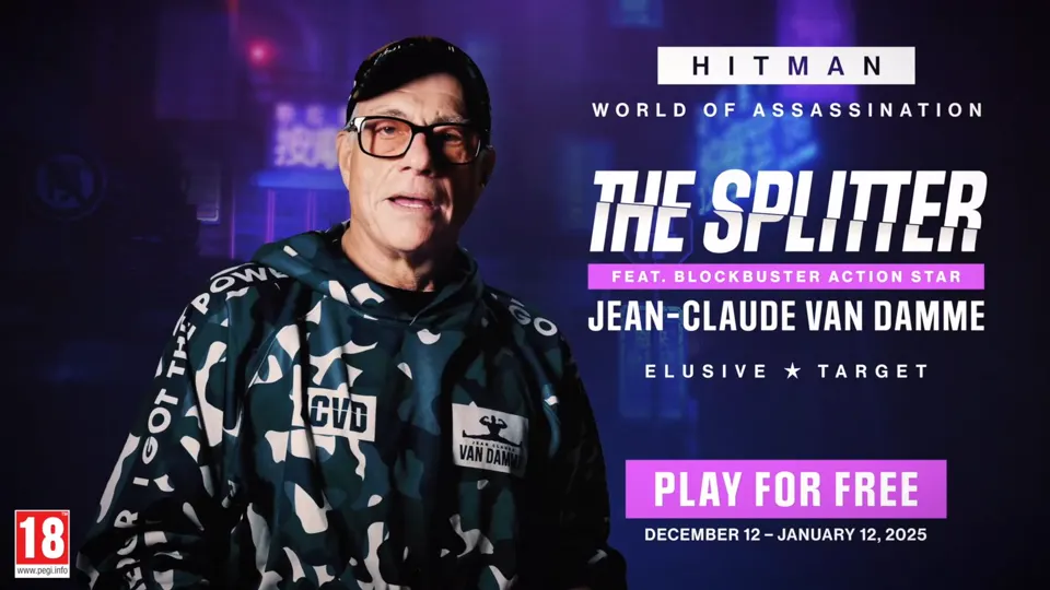 Frame from the HITMAN trailer: Jean-Claude Van Damme in a camo hoodie under neon signs