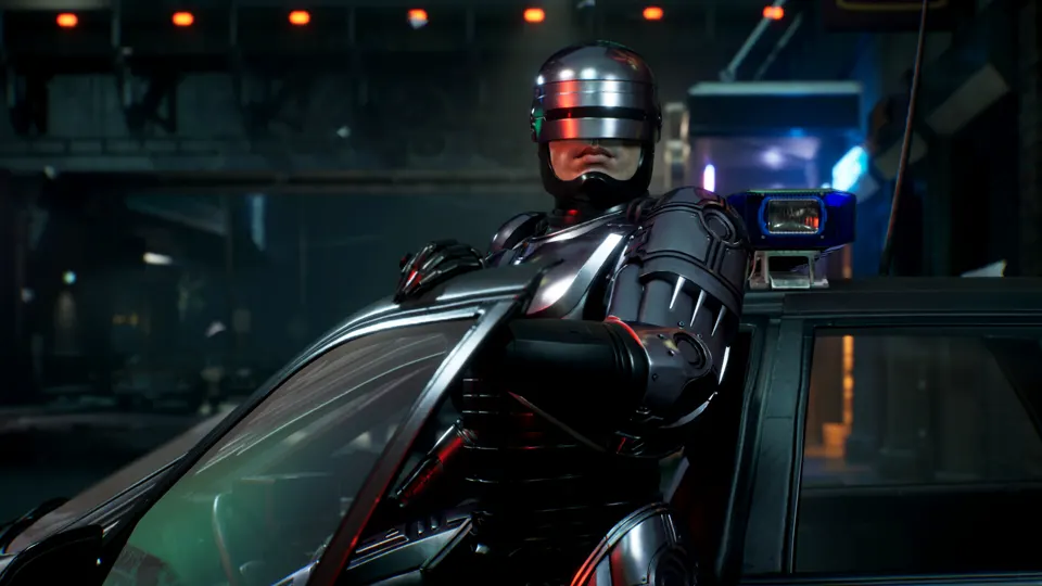 RoboCop: Rogue City key art: RoboCop beside his patrol car