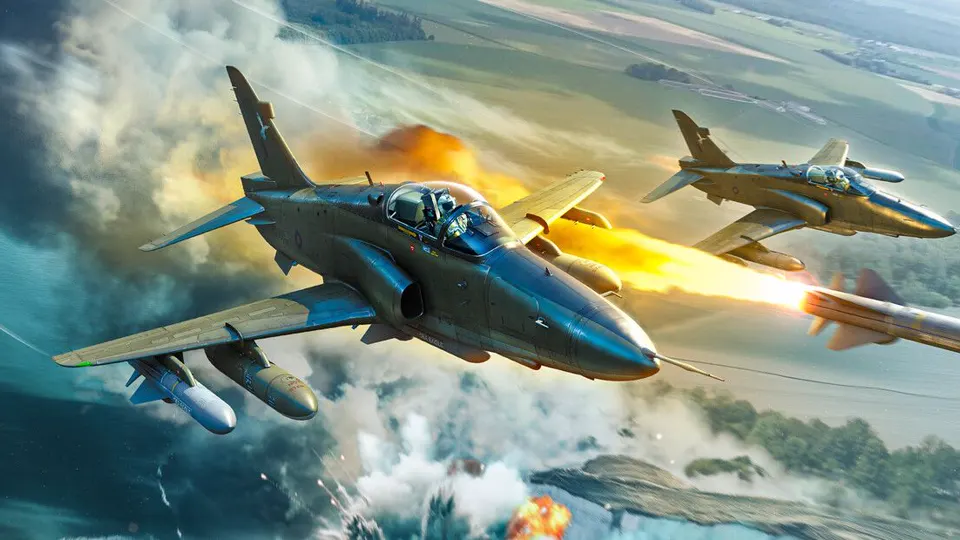 War Thunder key art: two jets firing missiles over a coastline
